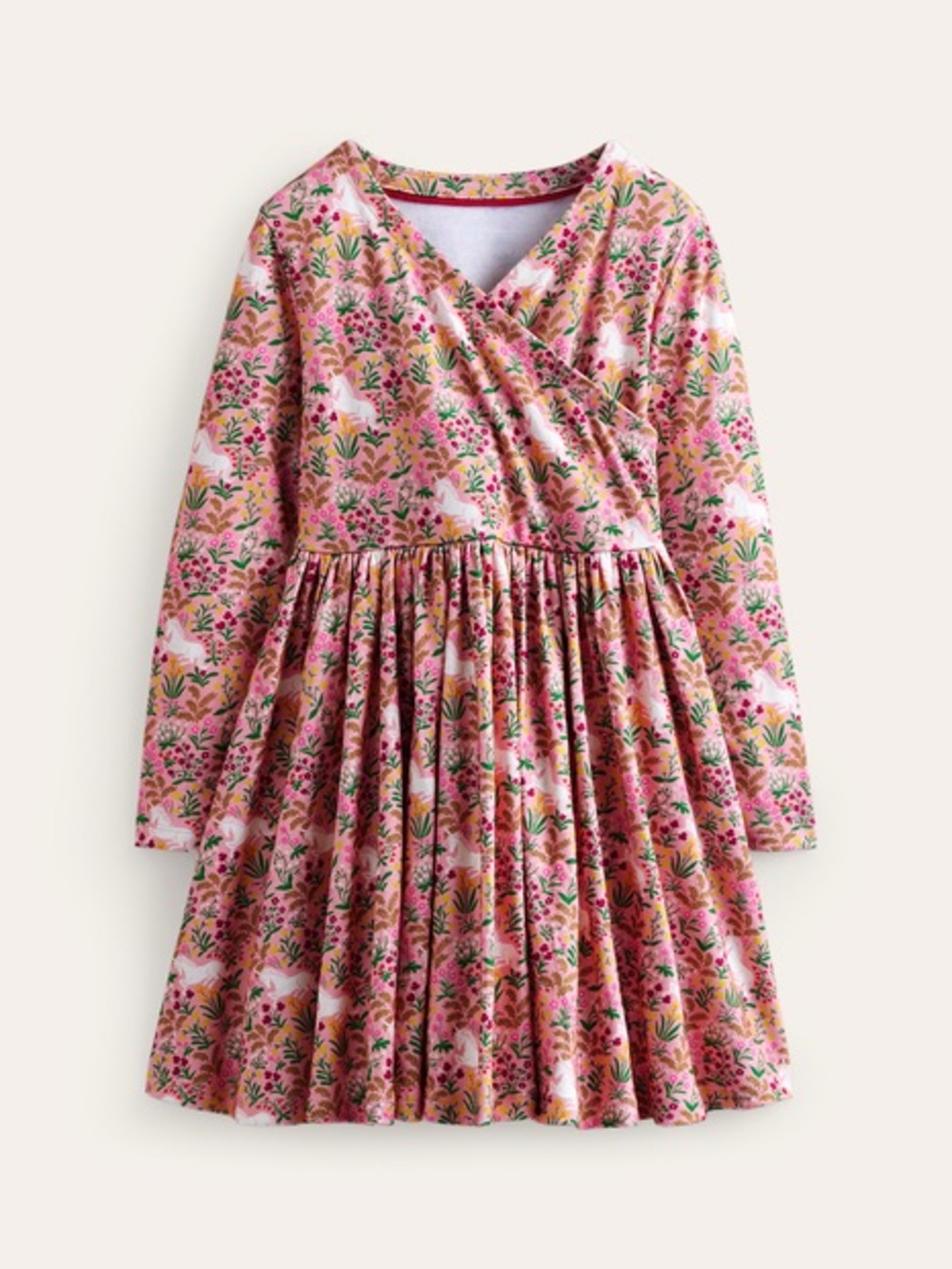 Mini Boden Pink Unicorn Meadow Floral Wrap-Front Long-Sleeve Dress size 11-12